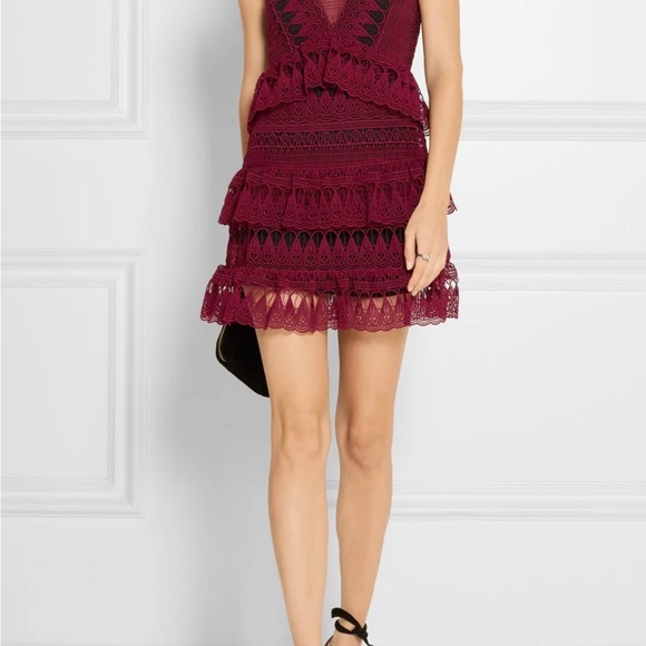 Self-Portrait Burgundy Guipure Lace Teardrop Paneled Dress - 0-2 - Picture 4 of 16